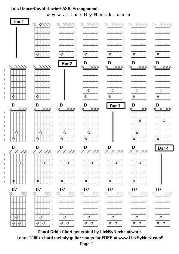 Chord Grids Chart of chord melody fingerstyle guitar song-Lets Dance-David Bowie-BASIC Arrangement,generated by LickByNeck software.